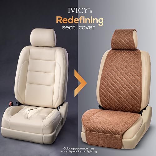 IVICY Faux Linen Front Car Seat Cover – Non-Slip Bucket Seat Protector for Most Cars, SUVs, Vans & Trucks – 1 Seat Cover, Machine Washable, Side-Airbag Friendly, Light Brown - color: BROWN HYB LN