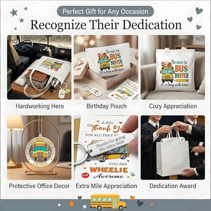 School Bus Driver Appreciation Gifts -Bus Canvas Handbag, Cosmetic Bag, Rearview Mirror Hanging Ornament, Keychain & Greeting Card | Thank You Gift for Driver,Transportation Worker