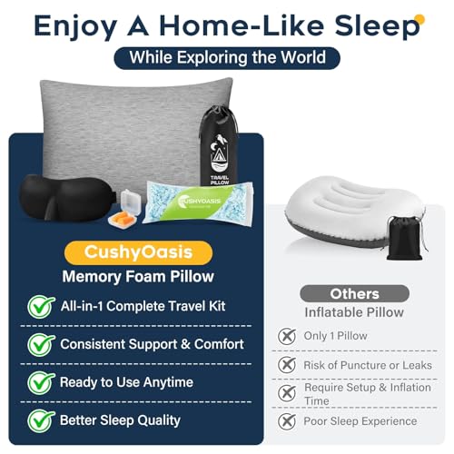 CushyOasis All-in-1 Camping Pillow Set - Shredded Memory Foam Neck Pillow Travel Pillow with Eye Mask, Earplugs, Washable Cover, Compact for Backpacking, Camping, Flights, Car Travel (Large Size) - size: Large