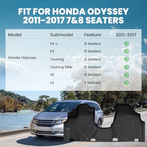LASFIT Floor Mats & Trunk Mat for Honda Odyssey 2011-2017 (Fit 7& 8 Seaters), All Weather TPE Custom Fit Car Floor Liners, 1st & 2nd & 3rd Row & Cargo Mat, Black (EX-L/EX/Touring/Touring Elite/SE/LX) - style: 4）For Honda Odyssey | 2011-2017 | Full Set