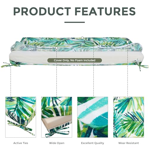 Magpie Fabrics Patio Bench Loveseat Cushion Covers (Replacement Cover only, No Insert!), Waterproof Fade Resistant Swing Cushion Slipcover with Ties(48x18x3 Inch, Green Palm Leaves) - color: A Green Palm Leaves, size: 48x18x3 Inch (1 Count)