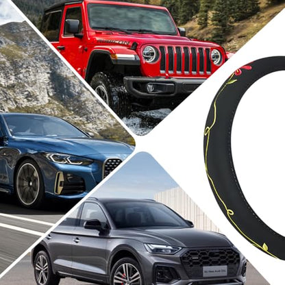HZEL Twin Flowers Car Steering Wheel Covers, Beautiful Embroidery Non-Slip Vehicle Steering Wheel Protector with Inner Ring, Automotive Interior Protective Accessories, Universal Fit - size: Twin Flowers