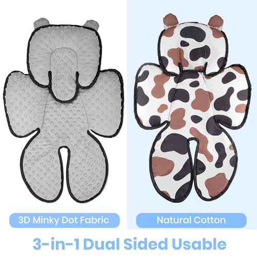 3in1 Baby Car Seat Head Body Support,Soft Breathable Infant Car Seat Insert Newborn Boy Girl,Reversible Cotton-Minnky Carseat Head Support Pillow Cushion for Infant Stroller,Swing,Bouncer(Grey)