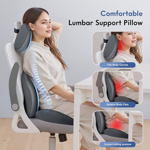 Seat Cushion and Lumbar Support Pillow for Office Chair Car, Car Neck Pillow, Ergonomic Memory Foam Back Support for Office Gaming Chair Wheelchair, Relieves Neck, Back & Sciatica Pain – Gray - color: Gray, size: Seat Cushion&Lumbar Pillow&Headrest Pillow