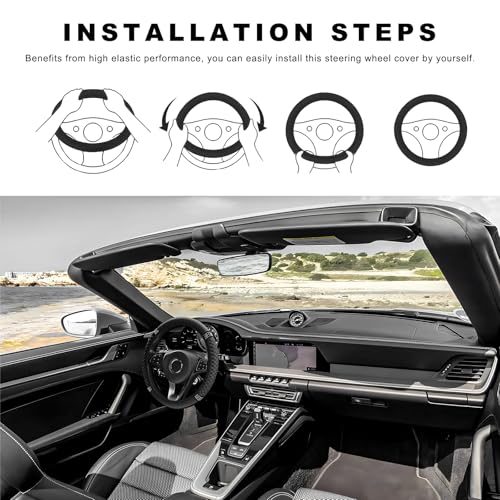 Bling Soft Leather Steering Wheel Cover, 14.5-15 Inch Sparkly Rhinestones Non-Slip Car Steering Wheel Protector, Elastic Auto Steering Wheel Cover Interior for Women Girls (Black)