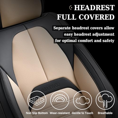 Coverado Waterproof Nappa Leather Car Seat Covers, Automotive Seat Covers，Front Car Seat Cushion & Car Seat Protector, Seat Covers Universal Fit for Most Cars, SUVs,Trucks,Black&Beige - color: BlackBeige-A, size: Front