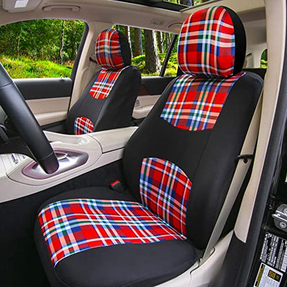 FH Group Full Set Plaid Print Cloth Car Seat Covers Combo Set with Carpet Floor Mats, Universal Fit, Washable Seat Cover for SUV, Sedan, Red - color: Red