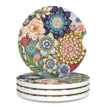 Car Cup Holder Coaster, Car Coasters for Cup Holders, 4 Pack Universal Anti Slip Insert Absorbent Ceramic Auto Interior Accessories with A Finger Notch & Cork Base, Mandala Flowers