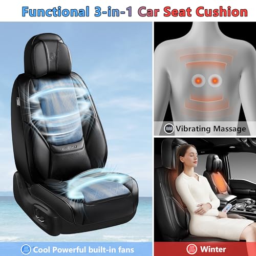 CAR PASS Ventilation Cooling Seat Cover,Luxury Nappa Leather 5 Seat Cover with Vibrate Massage 12V, Lumbar Support, Seat Covers for SUVs,Pickups,Trucks,Vehicles (Solid Black) - color: Black Cooling