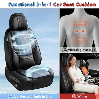 CAR PASS Ventilation Cooling Seat Cover,Luxury Nappa Leather 5 Seat Cover with Vibrate Massage 12V, Lumbar Support, Seat Covers for SUVs,Pickups,Trucks,Vehicles (Solid Black) - color: Black Cooling
