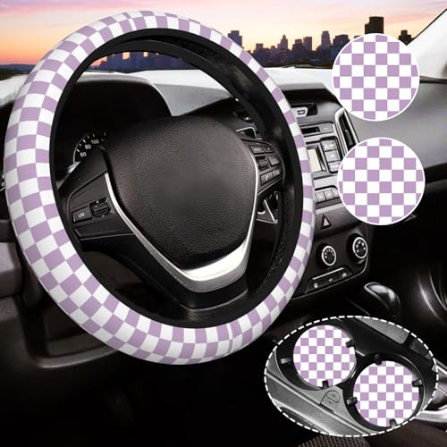 Light Purple Checkered Steering Wheel Cover for Women, Universal Auto Steering Wheel 14-15 Inch Car Interior Accessories with 2PCS Car Coasters, Suitable for Men and Women - color: Light purple