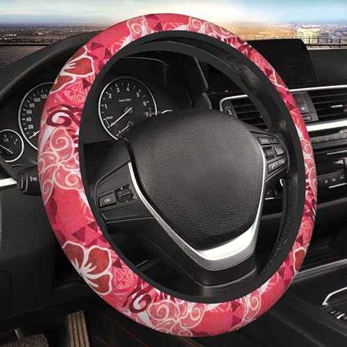 Red Hibiscus Polynesian Tapa Car Steering Wheel Cover 14-15 Inch for Women Men - Stretch Cloth Anti-Slip Wrap Protector Case - Fit Universal Auto Accessories Decor - Sweat Absorption - color: Red Hibiscus Polynesian Tapa