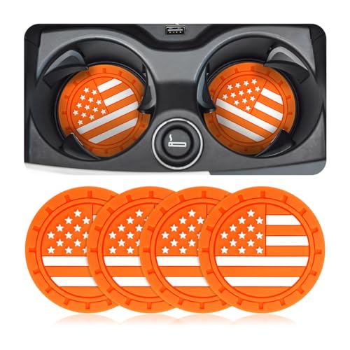 AUCELI 4 Pack Car Cup Holder Coasters, Colored American Flag US Flag Insert Car Cup Coaster, 2.75 Inch Anti Slip Shockproof Embedded Drink Mat, Vehicle Interior Decor Accessories - color: Orange/Flag, size: 4PCS