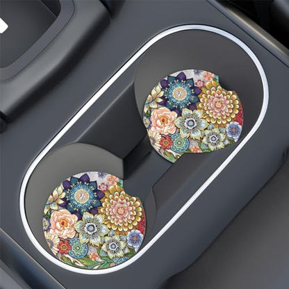 Car Cup Holder Coaster, Car Coasters for Cup Holders, 4 Pack Universal Anti Slip Insert Absorbent Ceramic Auto Interior Accessories with A Finger Notch & Cork Base, Mandala Flowers