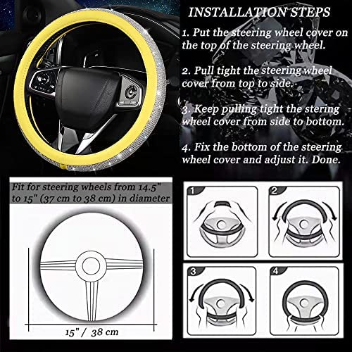 Bling Diamond Steering Wheel Cover, Leather Steering Wheel Covers for Women Girls with Crystal Rhinestones, Breathable, Anti-Slip Universal Fit 14.5-15 Inch Bling Car Accessories(Yellow) - color: Yellow