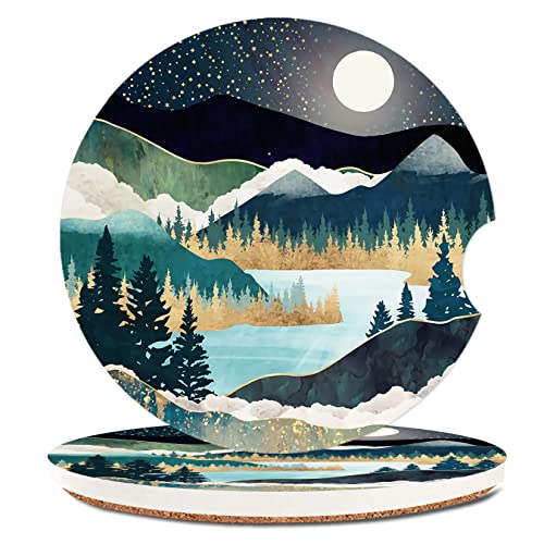 2 Pack Absorbent Car Coasters for Cup Holders,Ceramic Coasters with Cork Back and Finger Slot,Cool Cupholder Accessories to Keep Your Car Cup Holders Clean and Dry 2.56"(Mountains Nature Scenery) - color: Mountains Nature Scenery