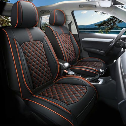 Comfortable Leather Auto Car Seat Covers Front & Rear Seat Protector Fit Sedan SUV 5 Seats Full Set Universal Fit (Black & Orange)