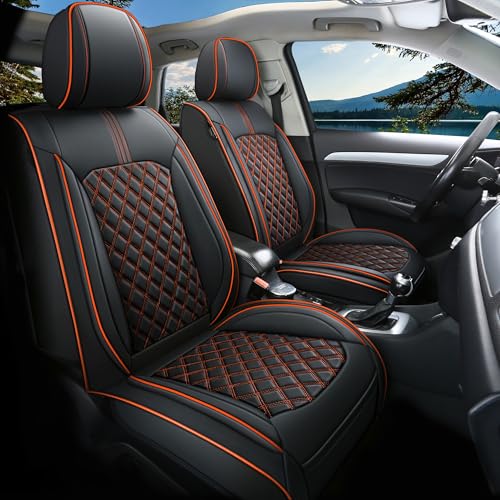 Comfortable Leather Auto Car Seat Covers Front & Rear Seat Protector Fit Sedan SUV 5 Seats Full Set Universal Fit (Black & Orange)