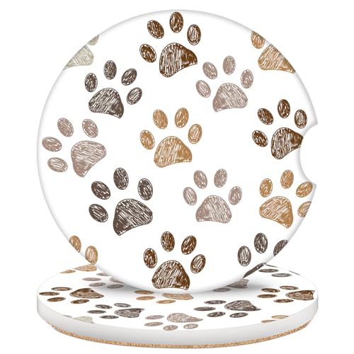 2 Pack Car Coasters for Cup Holders, 2.56" Universal Absorbent Ceramic Stone Car Cup Holder Coasters with Non-Slip Cork Base, Car Interior Accessories for Women Men(Dog paw Print) - color: Dog Paw Print