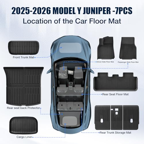 All Weather Floor Mats Custom Fit Tesla Model Y 2025-2026 5-Seater (Not for Standard),TPE Waterproof Odorless Car Floor Mats Set with Rear Seat Back Protector Interior Accessories(7 PCS)