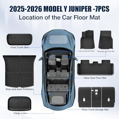 All Weather Floor Mats Custom Fit Tesla Model Y 2025-2026 5-Seater (Not for Standard),TPE Waterproof Odorless Car Floor Mats Set with Rear Seat Back Protector Interior Accessories(7 PCS)