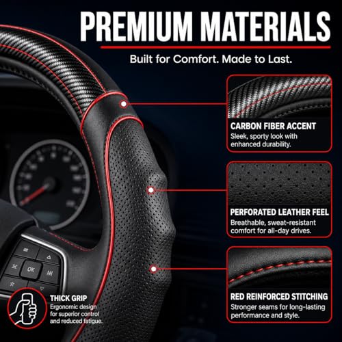 18 Inch Semi Truck Steering Wheel Cover for Freightliner Cascadia, Kenworth T680 T880, Peterbilt 579, Volvo VNL - Anti-Slip Carbon Fiber Grip - Carbon Red - color: Black Red