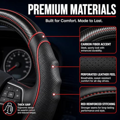 18 Inch Semi Truck Steering Wheel Cover for Freightliner Cascadia, Kenworth T680 T880, Peterbilt 579, Volvo VNL - Anti-Slip Carbon Fiber Grip - Carbon Red - color: Black Red