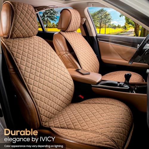 IVICY Faux Linen Front Car Seat Cover – Non-Slip Bucket Seat Protector for Most Cars, SUVs, Vans & Trucks – 1 Seat Cover, Machine Washable, Side-Airbag Friendly, Light Brown - color: BROWN HYB LN