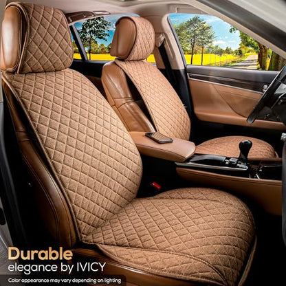 IVICY Faux Linen Front Car Seat Cover – Non-Slip Bucket Seat Protector for Most Cars, SUVs, Vans & Trucks – 1 Seat Cover, Machine Washable, Side-Airbag Friendly, Light Brown - color: BROWN HYB LN