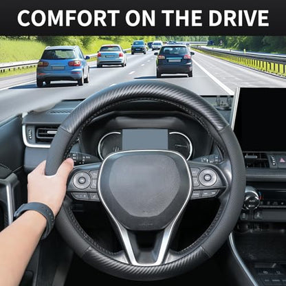 Uxcer Carbon Fiber Leather Steering Wheel Cover, Universal 14.5–15 Inch Non-Slip Breathable Steering Wheel Cover for Cars, Carbon Fiber - color: Carbon Fiber