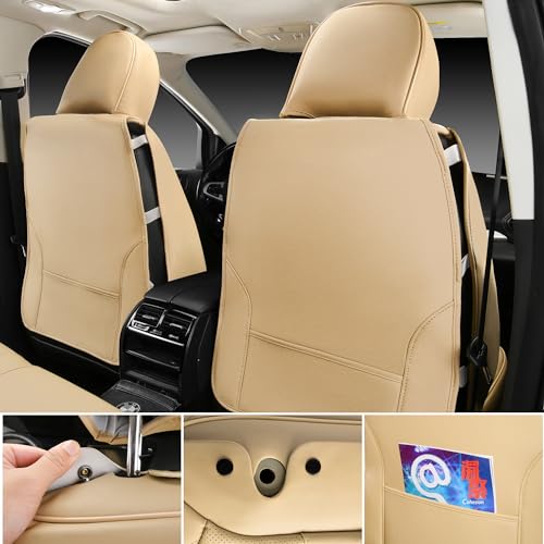 CAR PASS Beige Leather Car Seat Covers, Breathable Waterproof Nappa Automotive Seat Covers Full Set, Anti-Slip Driver Seat Cushion with Backrest Universal Fits SUV Pick-up Truck Sedan, Wood Grain - color: Beige Wood Grain, size: Full Set