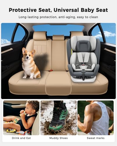 Huidasource Seat Covers Full Set, Universal Fit for Most Cars SUVs Trucks, Full Coverage Leather Automotive Seat Cover, Airbag, Cupholder Compatible, Seat Function Retain, Velcro Adjustable, Beige - color: FS: Beige, size: Full Set