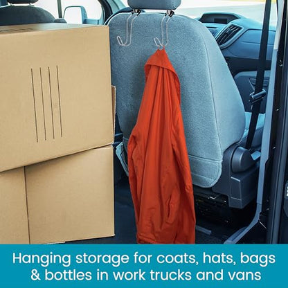 High Road Metal Car Hooks - Hard Hat Holder for Truck and Unbreakable Headrest Hooks for Car for Large Straps and Heavy Bags up to 40 lbs - Secure Attachment Loops Fit All Headrest Posts, 2-Pack