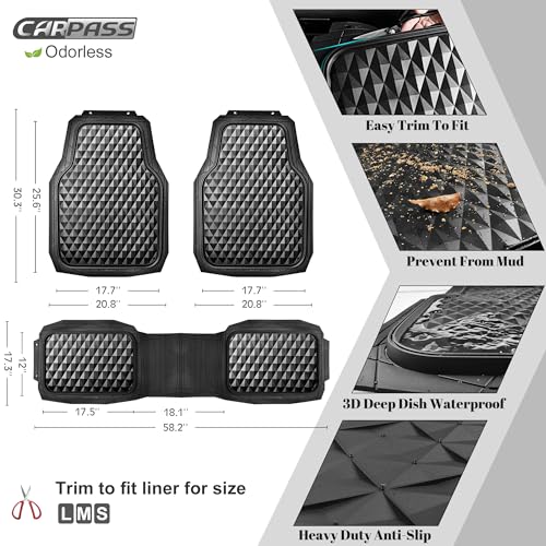 CAR PASS Heavy Duty Rubber Car Mats, Deep Dish All-Weather Floor Mat for Car Full Set Durable Anti-Slip 3D Rhombus Waterproof Trim to Fit Liner Universal Fit Automotive,Sedan,SUV,Truck, 3 Piece Black - color: black