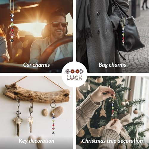 Evil Eye Car Hanging Ornament, Cute Car Charm for Rear View Mirror, Good Luck Decor with Four-Leaf Clover, Ladybug, 8 Ball, Mushroom, Yin Yang Symbo, and Boho Car Accessories
