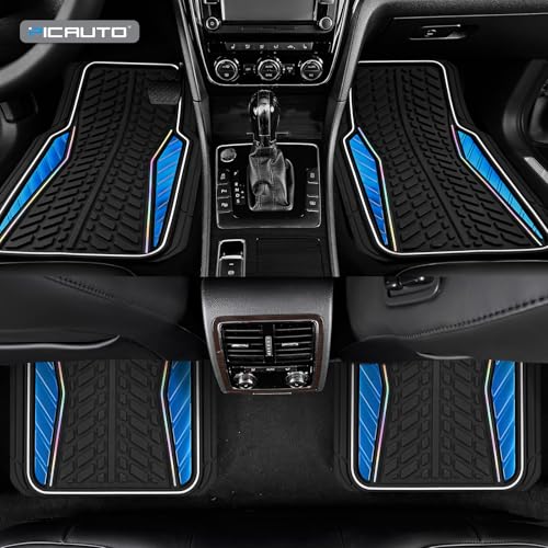 PIC AUTO Car Floor Mats, Blue Aluminum-Molded with Full-Circle Iridescent Inlay Strip Car Mats, Universal-Fit Rubber Mats for Cars, Trucks & SUVs, All-Weather, Non-Slip, Easy-to-Clean Interior Mats