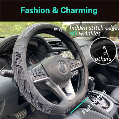 PINCTROT D Shaped 14 Inch Small Sized Steering Wheel Cover Great Grip with 3D Honeycomb Anti-Slip Design, Flat Bottom 14 Inch (All Black) - color: 7.D-shaped,All Black, size: Small Size[14''-14 1/4'']