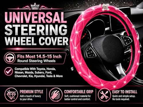 Bling Sparkly Crown Soft Leather Car Steering Wheel Cover For Women Girl,Bling Diamond Crystal Glitter Rhinestones Universal Fit 14.5in-15in Auto Wheel Protector for Suvs,Vans,Sedans,Cars (Crown-Pink) - color: Crown-Pink