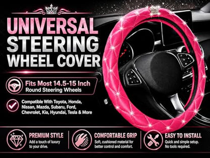 Bling Sparkly Crown Soft Leather Car Steering Wheel Cover For Women Girl,Bling Diamond Crystal Glitter Rhinestones Universal Fit 14.5in-15in Auto Wheel Protector for Suvs,Vans,Sedans,Cars (Crown-Pink) - color: Crown-Pink
