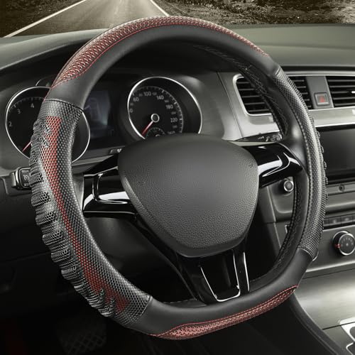 D Shaped Steering Wheel Cover Great Grip with 3D Honeycomb Hole, Anti-Slip Sporty Design, Small 13.5-14 inch(Black with Burgundy) - color: Black with Burgundy, size: D Shaped-Small[13.5''-14'']