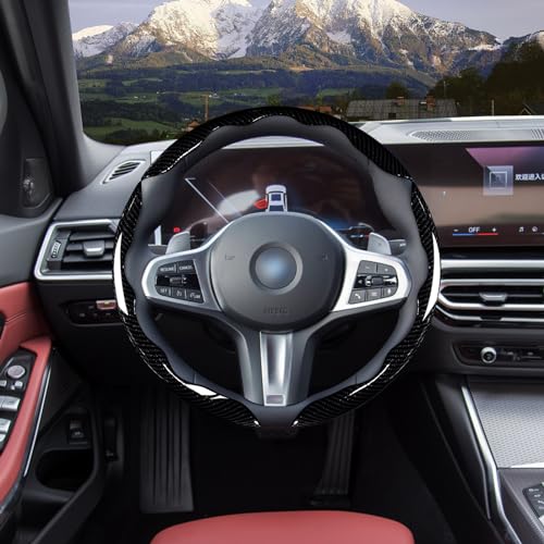 Car Steering Wheel Cover Set Bright Carbon Fiber Wrap Non-Slip 3pcs Steering Wheel Accessories 14.5-15 inch Universal (Black) - color: Black Black Black