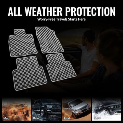 IKON MOTORSPORTS Loop Pile Tufted Car Floor Mats, Compatible with 2016-2021 Honda Civic, Checkered Grey Black Plaid, All Weather Anti-Slip 4PCS Set Car Protector Carpets