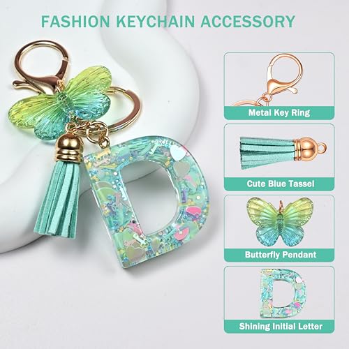 JINGUAZI Initial letter Keychains for Women Tassel Butterfly Pink Purple Cute Car Keychain for Wallet Backpack bag charm - color: D-green