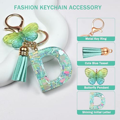 JINGUAZI Initial letter Keychains for Women Tassel Butterfly Pink Purple Cute Car Keychain for Wallet Backpack bag charm - color: D-green