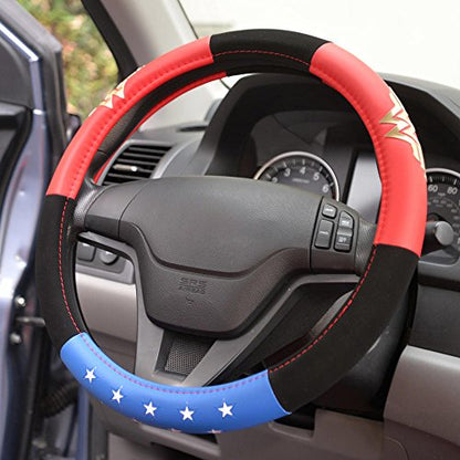 BDK Wonder Woman Steering Wheel Cover - Synthetic Leather - Stars & Gold Logo - Fits All Standard Size Wheel 15 Inch, Model Number: WBSW-1904 - style: Wonder Woman - Three tone