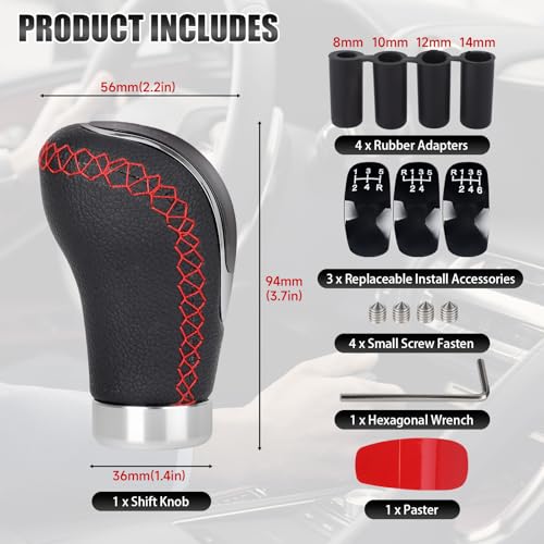 Universal 5/6 Speed Leather Car Racing Gear Shift Shifter knob,Artificial Leather and ABS Black Stitching Shift Knob with 4 Adapters,Replaceable 3 Gear Position Pastors(Black+Red Line) - color: 5/6 Speed Leather(Black+Red Line)