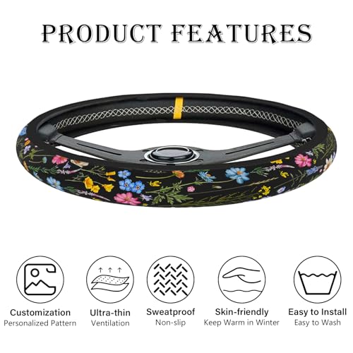 Wildflower Car Steering Wheel Cover, Flower Car Accessory for Diverse Cars, Cute Floral Print Steering Wheel Cover Protector for Women, for Steering Wheel with a Diameter of 14.5"-15" (Wildflower)