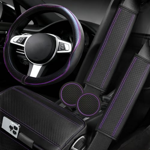 NBTEPEM 6 PCS Car Steering Wheel Cover Set, Microfiber Leather Steering Wheel Covers Universal 14.5-15 inch, Center Console Cover, Seat Belt Cushion, Cup Holder Coaster, Car Accessories Set Purple - color: Black with purple, size: Steering Wheel Cover Set