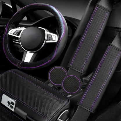 NBTEPEM 6 PCS Car Steering Wheel Cover Set, Microfiber Leather Steering Wheel Covers Universal 14.5-15 inch, Center Console Cover, Seat Belt Cushion, Cup Holder Coaster, Car Accessories Set Purple - color: Black with purple, size: Steering Wheel Cover Set