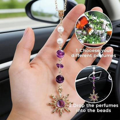 Boho Sun Rearview Mirror Charm, Evil Eye Hanging Car Charm for Rear View Mirror, Crystal Hanging Accessories 7 Inch Alloy Car Ornament for Women Men Unisex Gift of Joy & Protection,Green